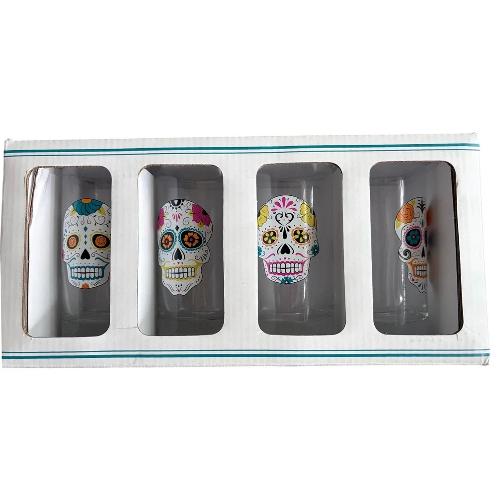 Paper Source Sugar Skull Glasses Set of Four 8 oz Dia de los Muertos Tumbler New